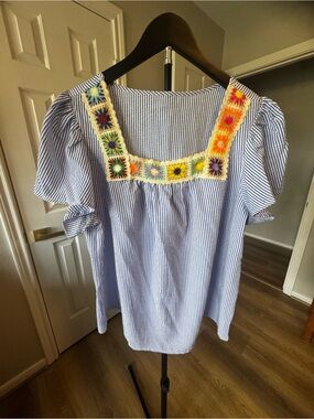 Blue Striped Square-Neck Top with Multicolor Crochet Trim